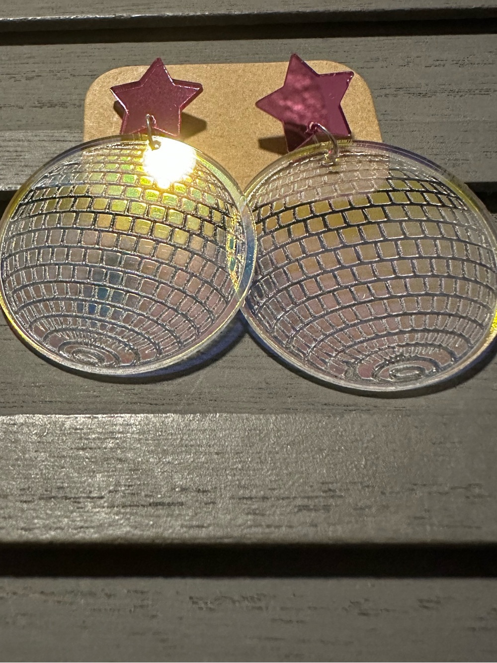 Star Top Holographic Disco Ball Drop Earrings - Pink